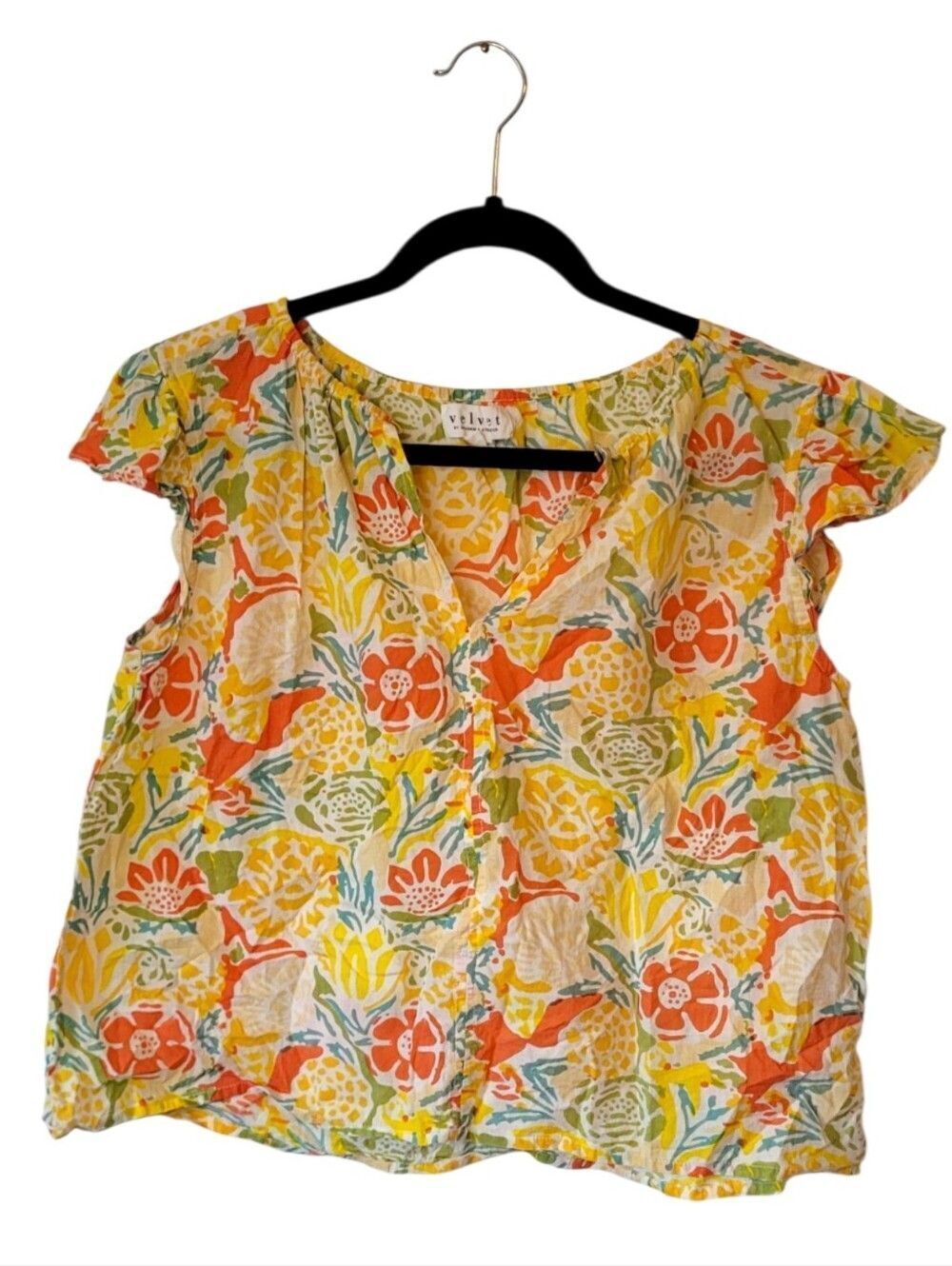 Velvet by Graham & Spencer Yellow Orange Floral V-Neck Flutter Sleeve Blouse XS